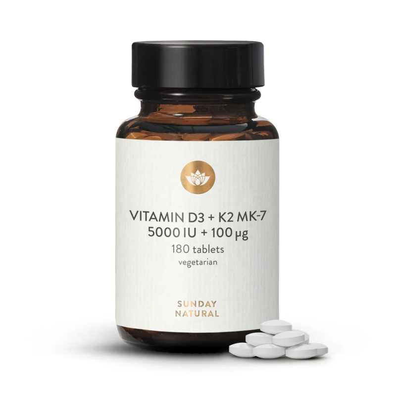 Tableta Vegane Vitaminë D3 + K2 MK-7 5000 IU + 100µg
